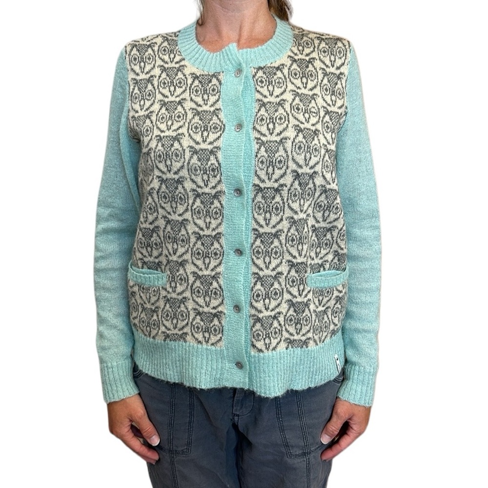 Woolrich Owl Motif Cardigan Sweater Wool Mohair Blend Light Blue/Gray‎ S